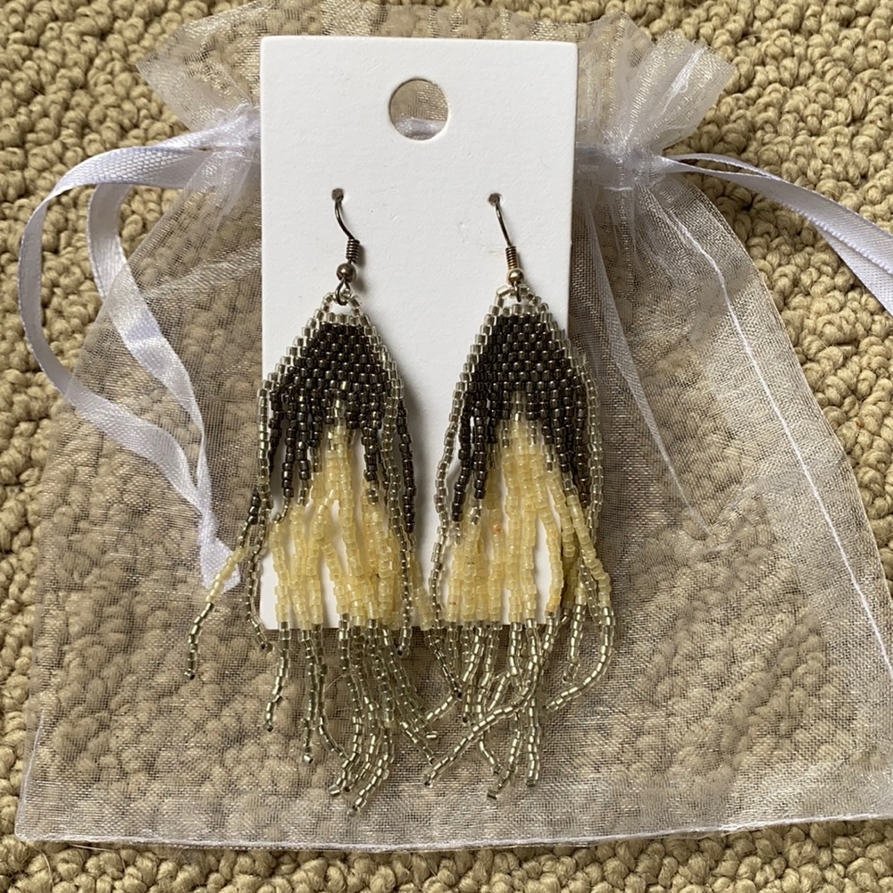 Silver and cream beaded earrings